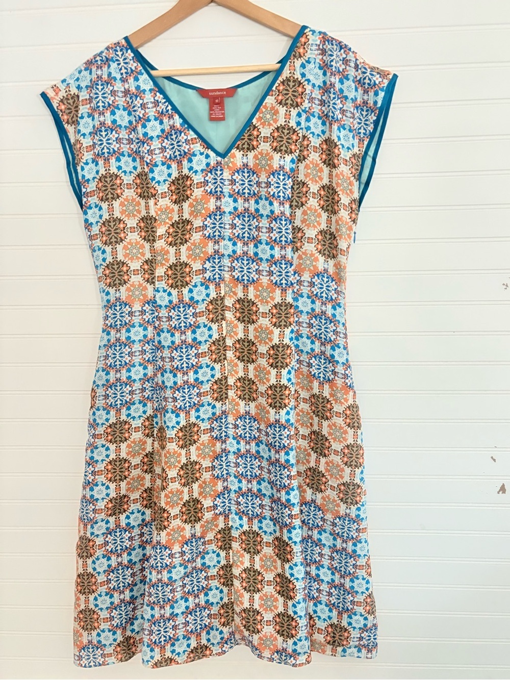 Sundance 100% Silk Modern Heritage Midi Dress Size 10 Geometric Print Lined Boho
